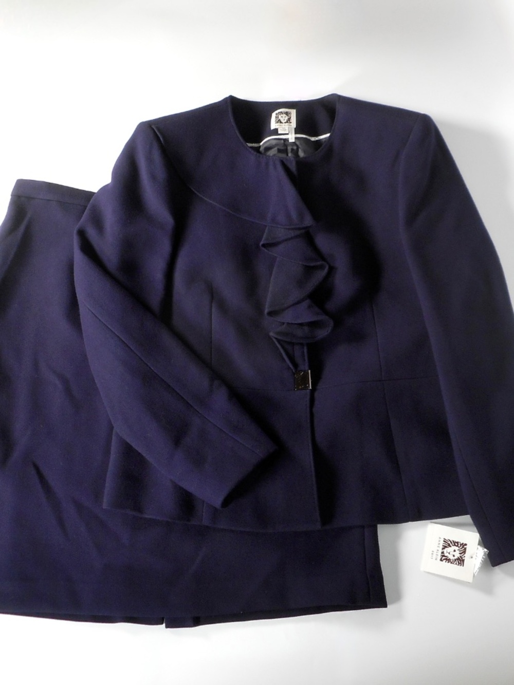 NWT Anne Klein Classic Suit Set Women 14P Navy Indigo Blazer Ruffle Pencil Skirt